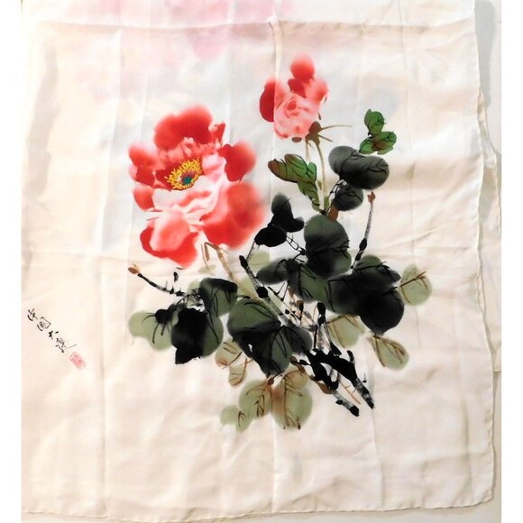 Silk Floral Scarf White Red Hand-Rolled Shawl Asian Characters 45 X 45 Inches - Picture 4 of 9